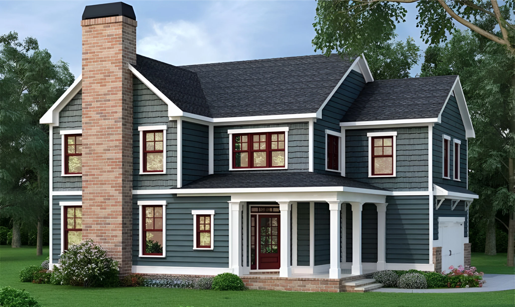Classic American custom home elevation with side-entry garage